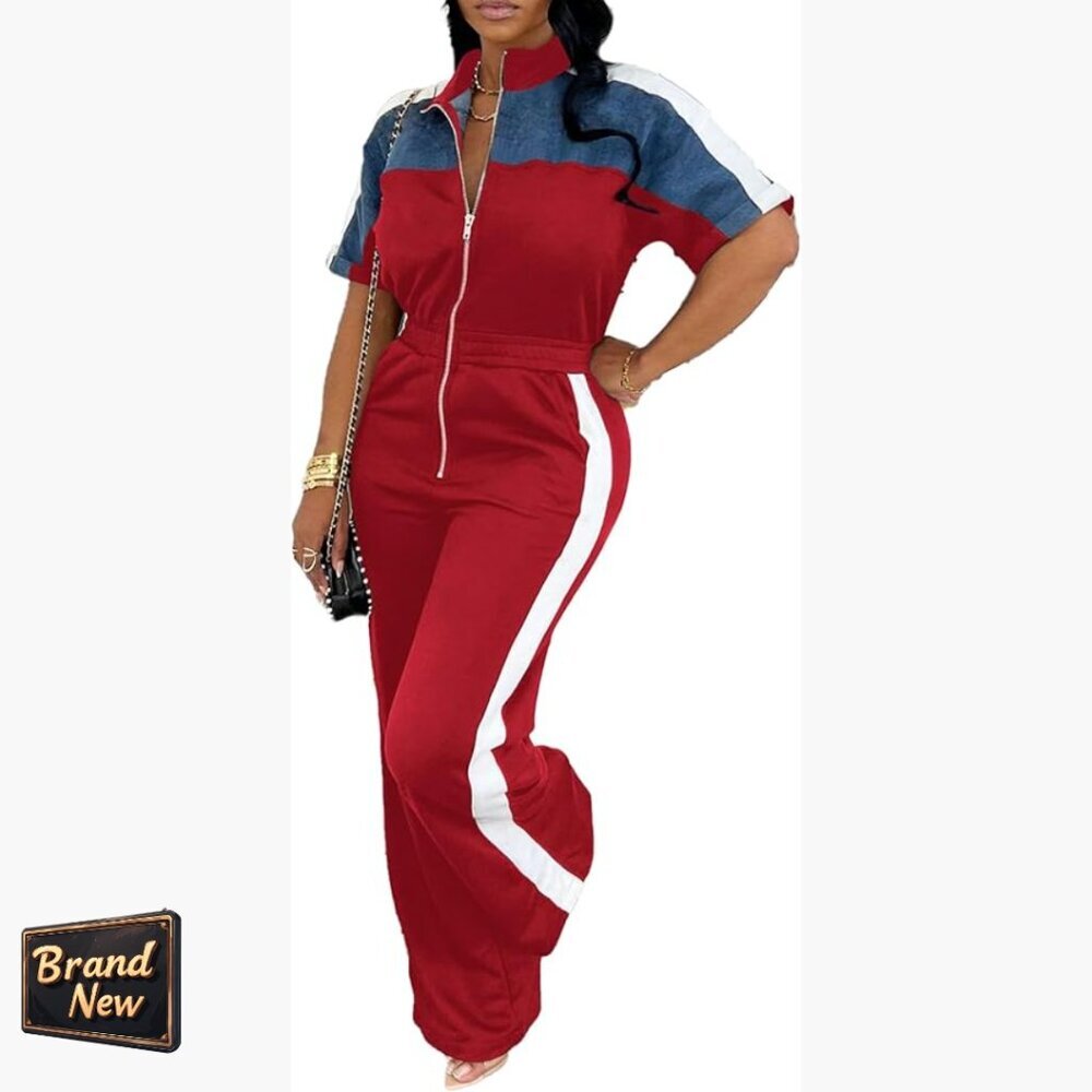 XXL Zip Up Jumpsuit Elastic Waist Wide Leg Sportswear Casual Romper